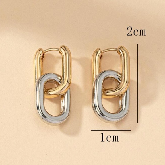 Mixed metal double link hoop sliver gold dangle earrings - Picture 3 of 5